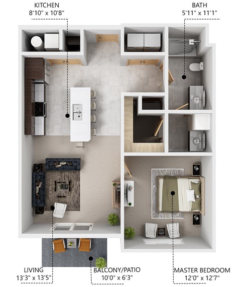 Floor plan for 1 bed, 1 bath, 725 sqft